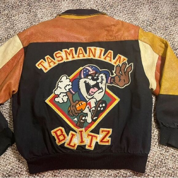 Vintage JEff Hamilton NFL tazmanian blitz Leather Bomber Jacket Taz 90s devil - Picture 1 of 4